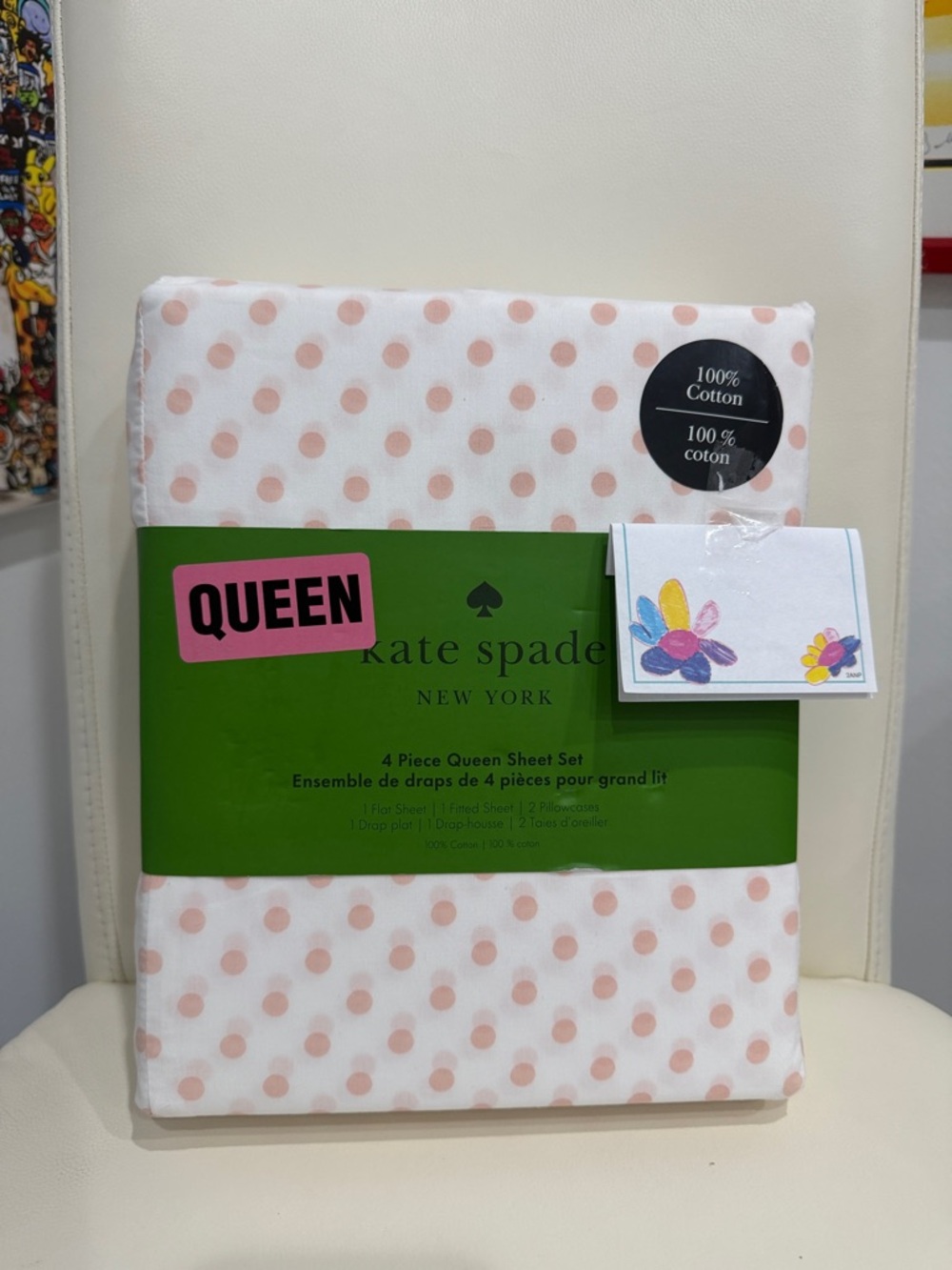 kate spade White and Ballet Pink Polka Dot Cotton QUEEN Sheet Set